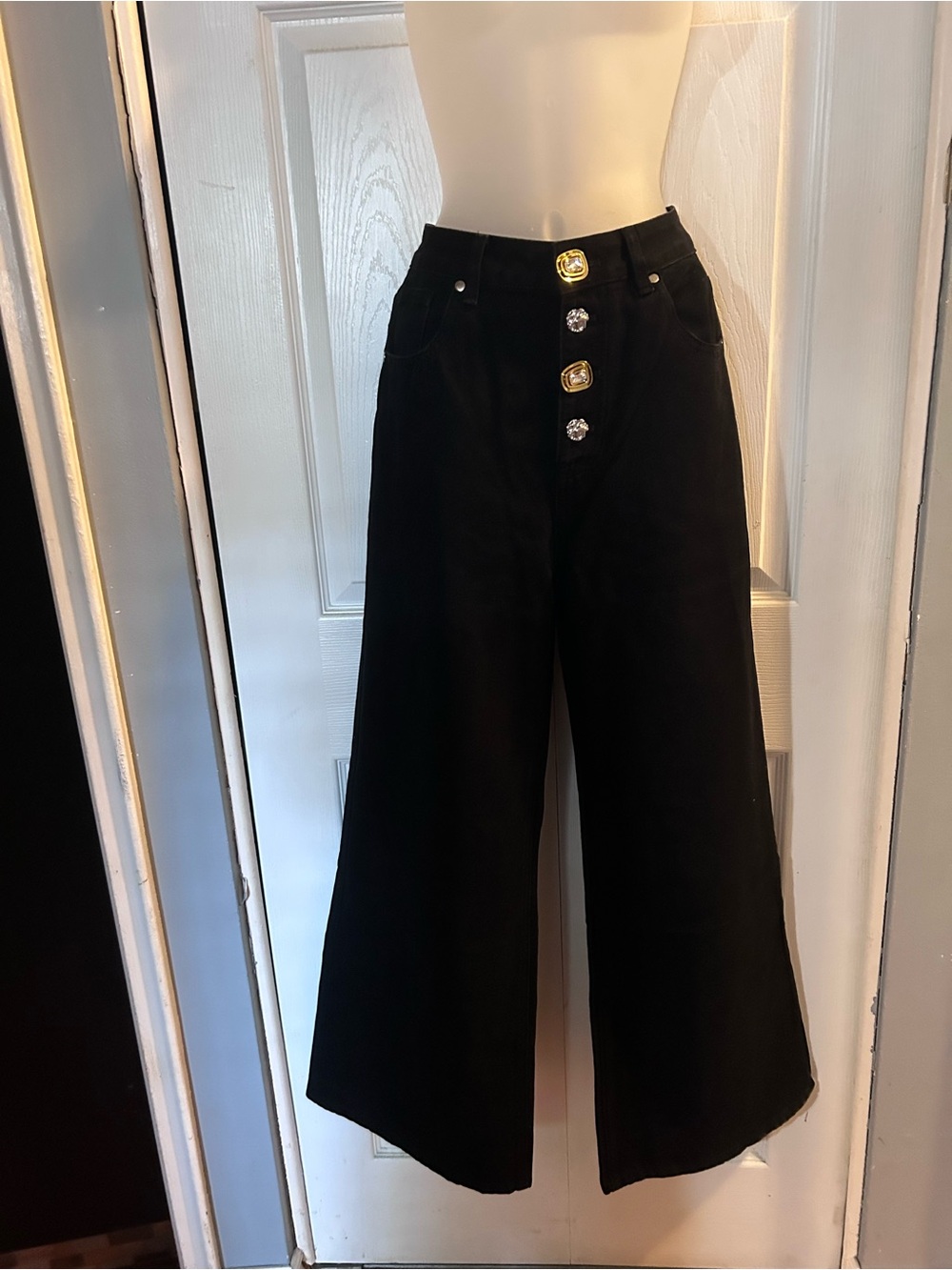 High-Waist Wide Leg Black Button-Front jeans